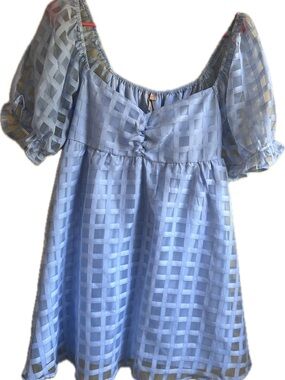 Evolutionary Apparel Size Large Light Blue Gingham Grid Puff Sleeve Mini Dress